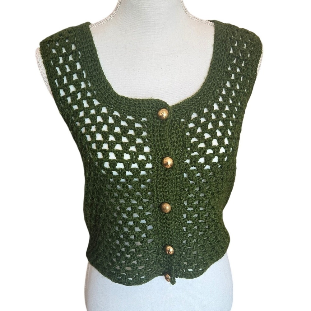 Vintage Crochet Vest Dark Green Cottage Granny Boho Retro Hippie Handmade Small